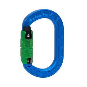 karaT Carabiner in blue and green, compact and lightweight design for tree surgeons and climbers.