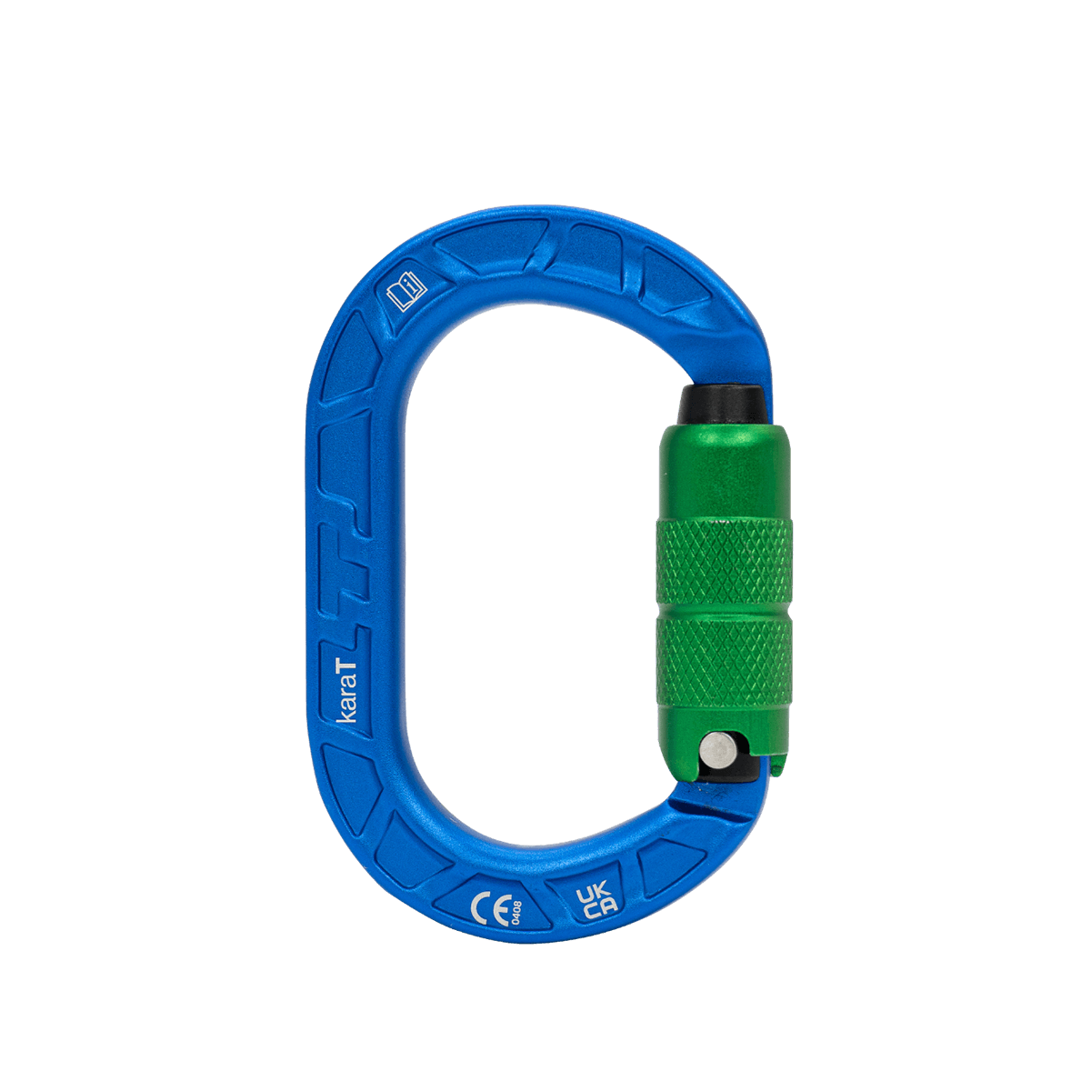 Blue karaT Carabiner with green locking mechanism, ideal for climbers and tree surgeons seeking durability and compact design.