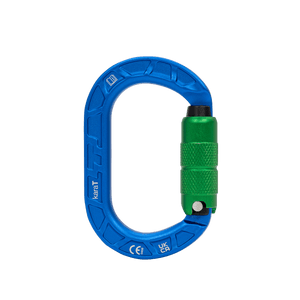 Blue karaT Carabiner with green locking mechanism, ideal for climbers and tree surgeons seeking durability and compact design.
