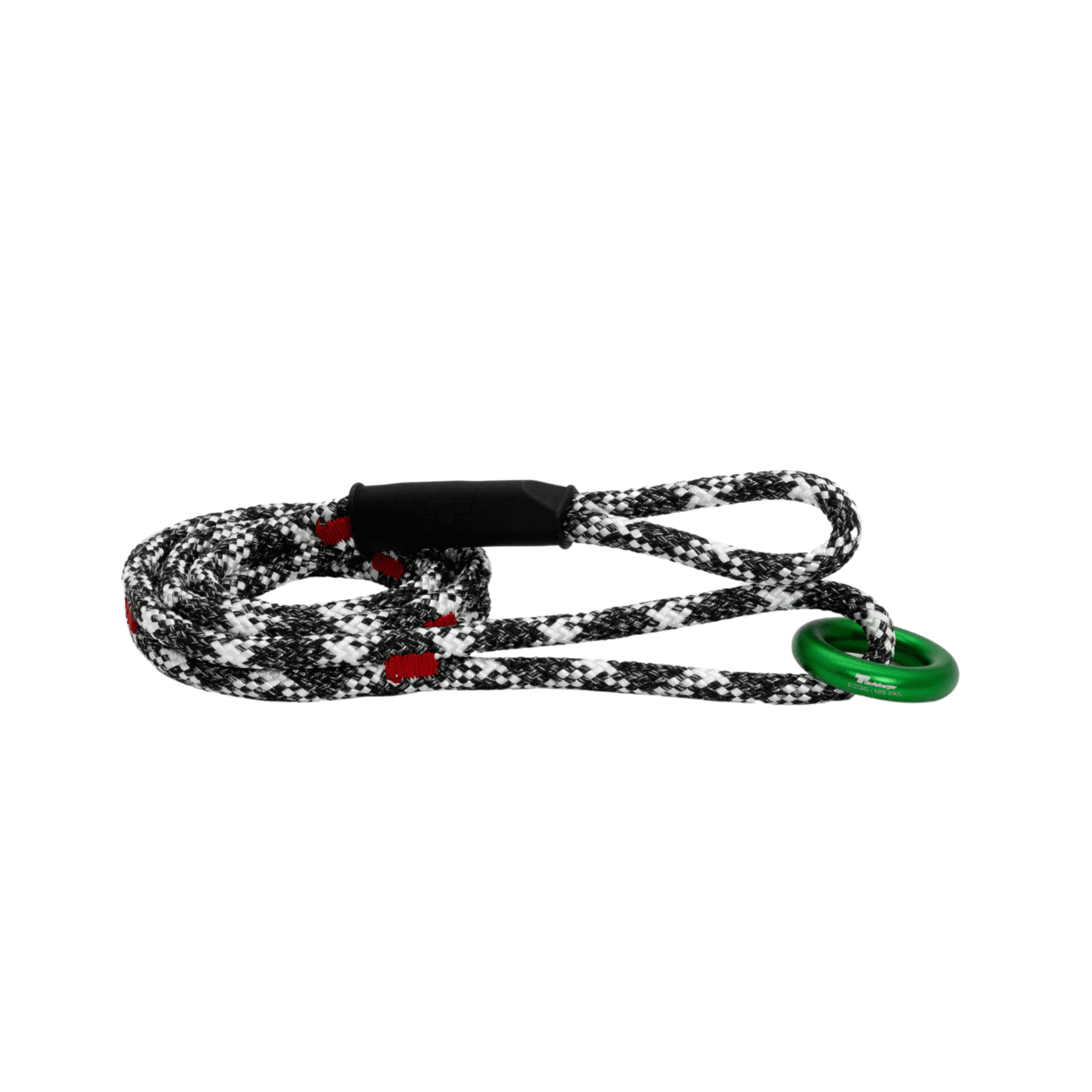 MultiTOOL canopyANCHOR with a black and white rope and green aluminum ring, ideal for tree surgeons.