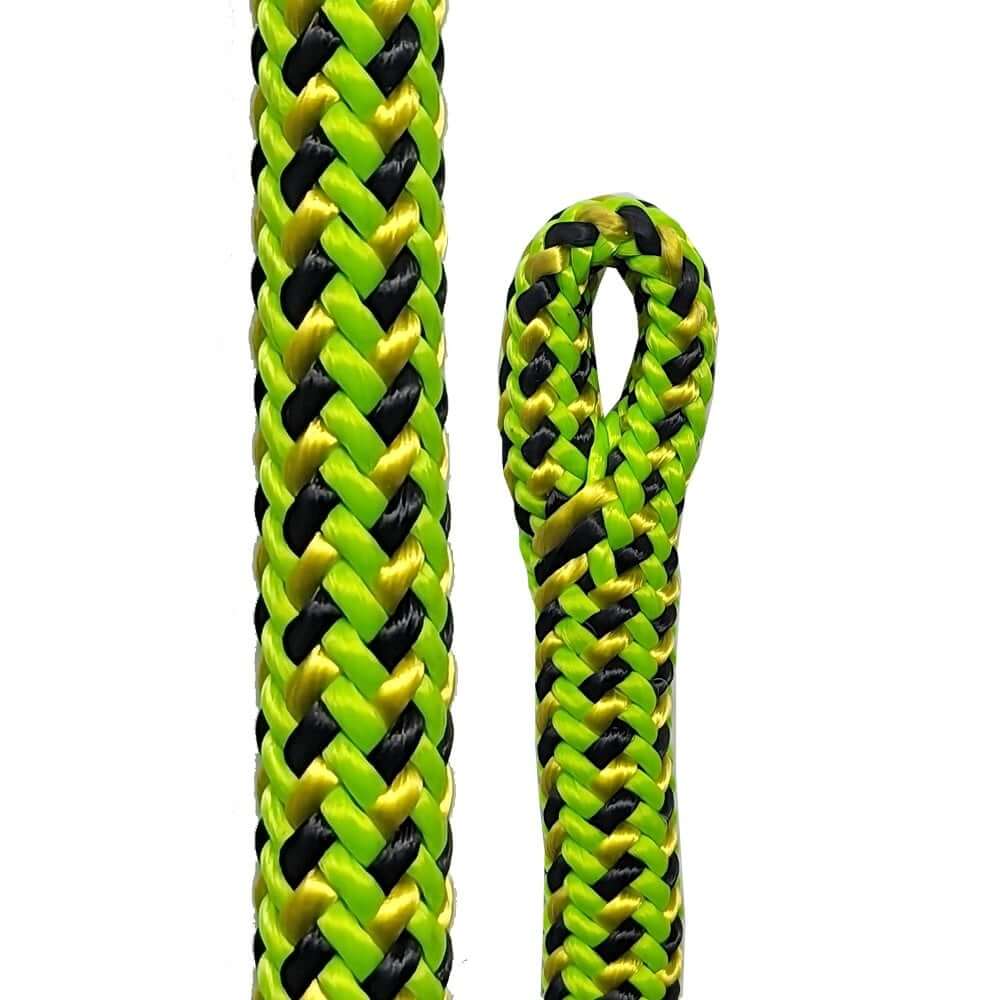 Teufelberger Dragonfly 11.1mm climbing rope with bright green, yellow, and black braided design for tree surgeons.