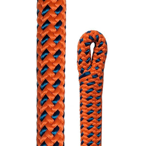 Teufelberger Tachyon climbing rope, 11.5mm diameter. Bright orange and blue, durable. Designed for arborist climbing, offers excellent knot-holding & grip