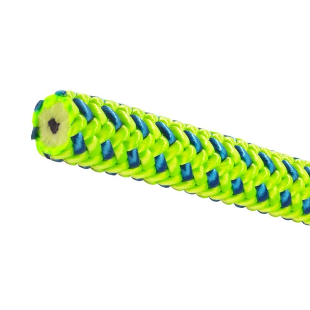 Close-up of Tachyon Green & Blue Splife 1E climbing rope, ideal for tree surgeons, showcasing its durable polyester cover.