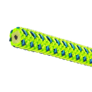 Close-up of Tachyon Green & Blue Splife 1E climbing rope, ideal for tree surgeons, showcasing its durable polyester cover.