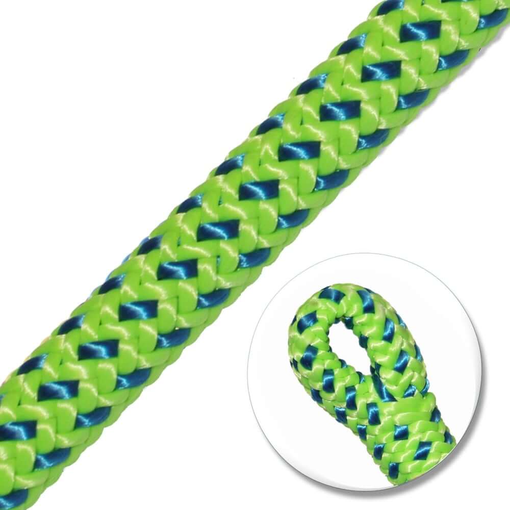Tachyon Green & Blue Splife 1E Climbing Rope, 11.1mm diameter, ideal for tree surgeons with high friction hitch performance.