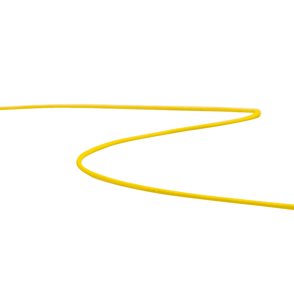 A yellow Teufelberger nineLINE throwline, designed for use in climbing and arboriculture, laid out on a white background.