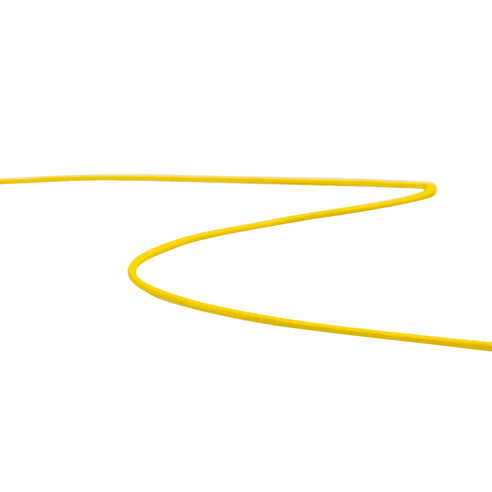 A yellow Teufelberger nineLINE throwline, designed for use in climbing and arboriculture, laid out on a white background.
