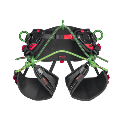 Teufelberger treeMOTION Essential X harness. Tree climbing gear. Adjustable, ergonomic design. Black, with colored straps. For professional arborists