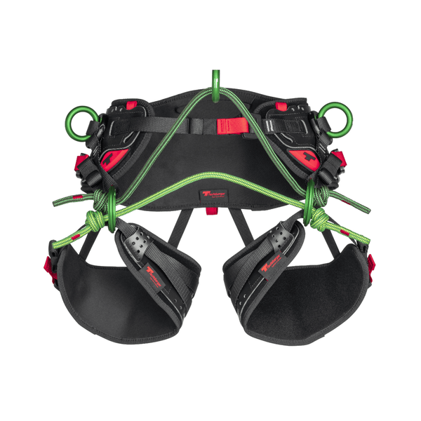 Teufelberger treeMOTION Essential X harness. Tree climbing gear. Adjustable, ergonomic design. Black, with colored straps. For professional arborists