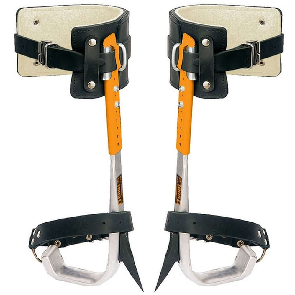 Aluminium tree climbing spikes for tree surgeons, featuring adjustable straps and padded leg support for comfort.
