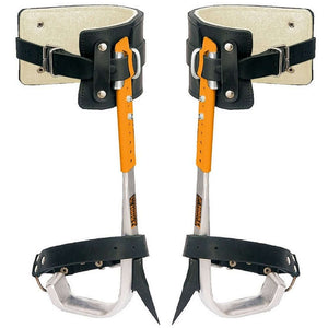 Aluminium tree climbing spikes for tree surgeons, featuring adjustable straps and padded leg support for comfort.