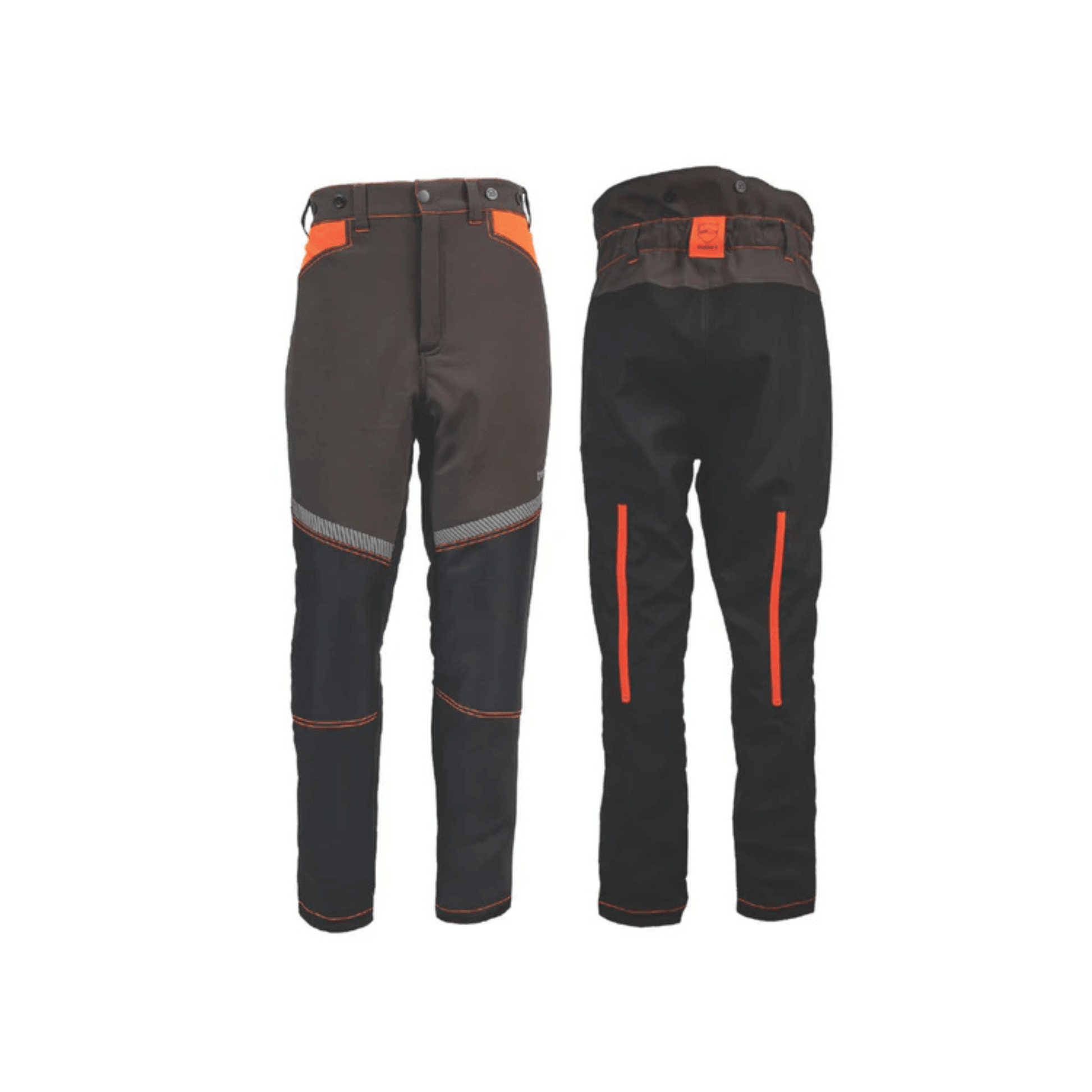 Front and back view of Essential Class 1 Type A chainsaw trousers in brown and black with orange accents.