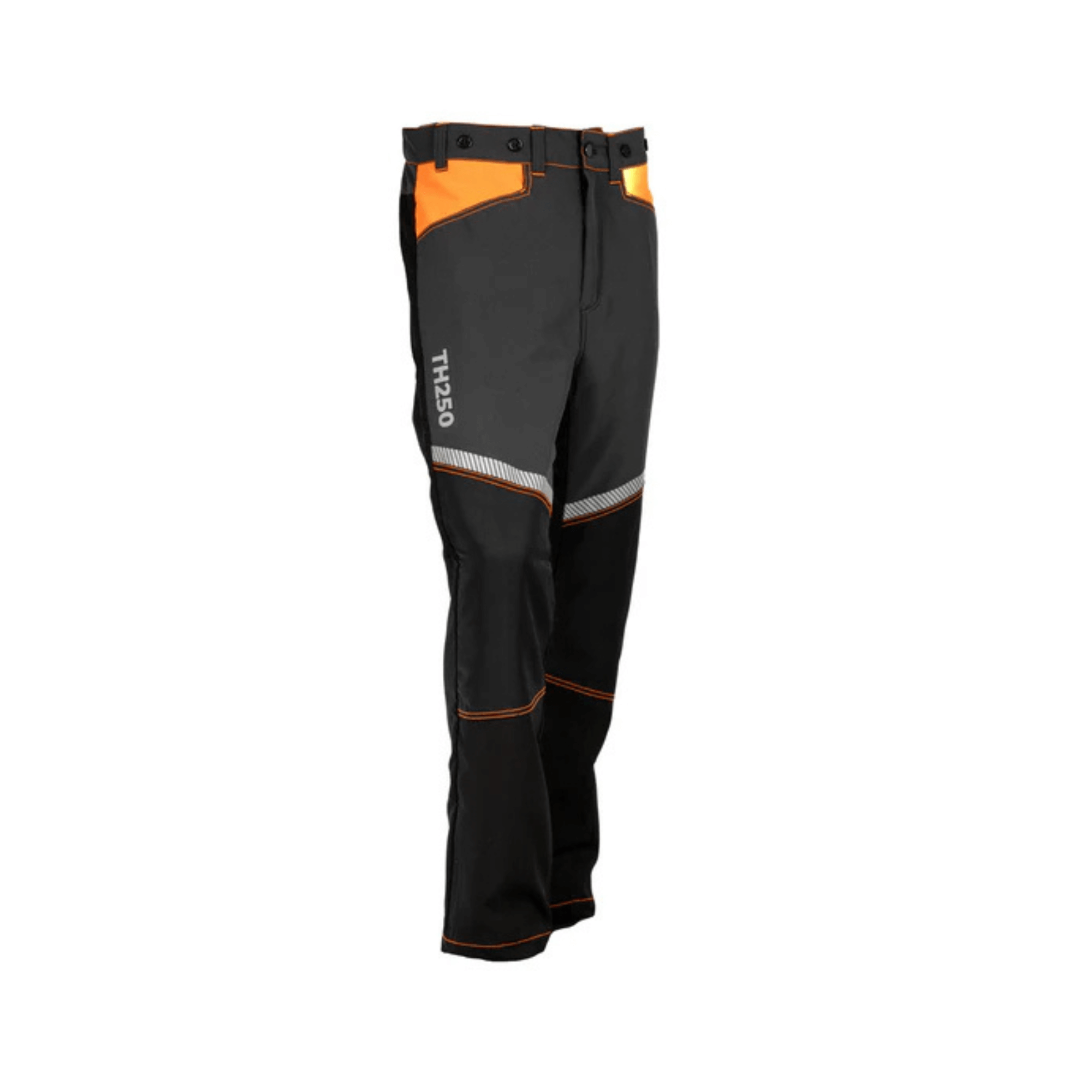 Treehog TH250 Essential Class 1 Chainsaw Trousers in black and orange, designed for safety and comfort for chainsaw professionals.