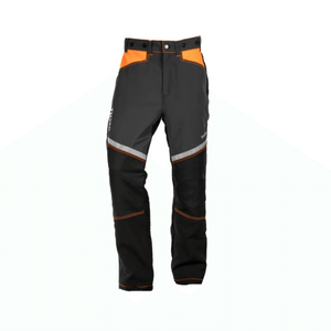 Essential Class 1 Type A chainsaw trousers featuring a durable design with safety colors for comfort and protection.