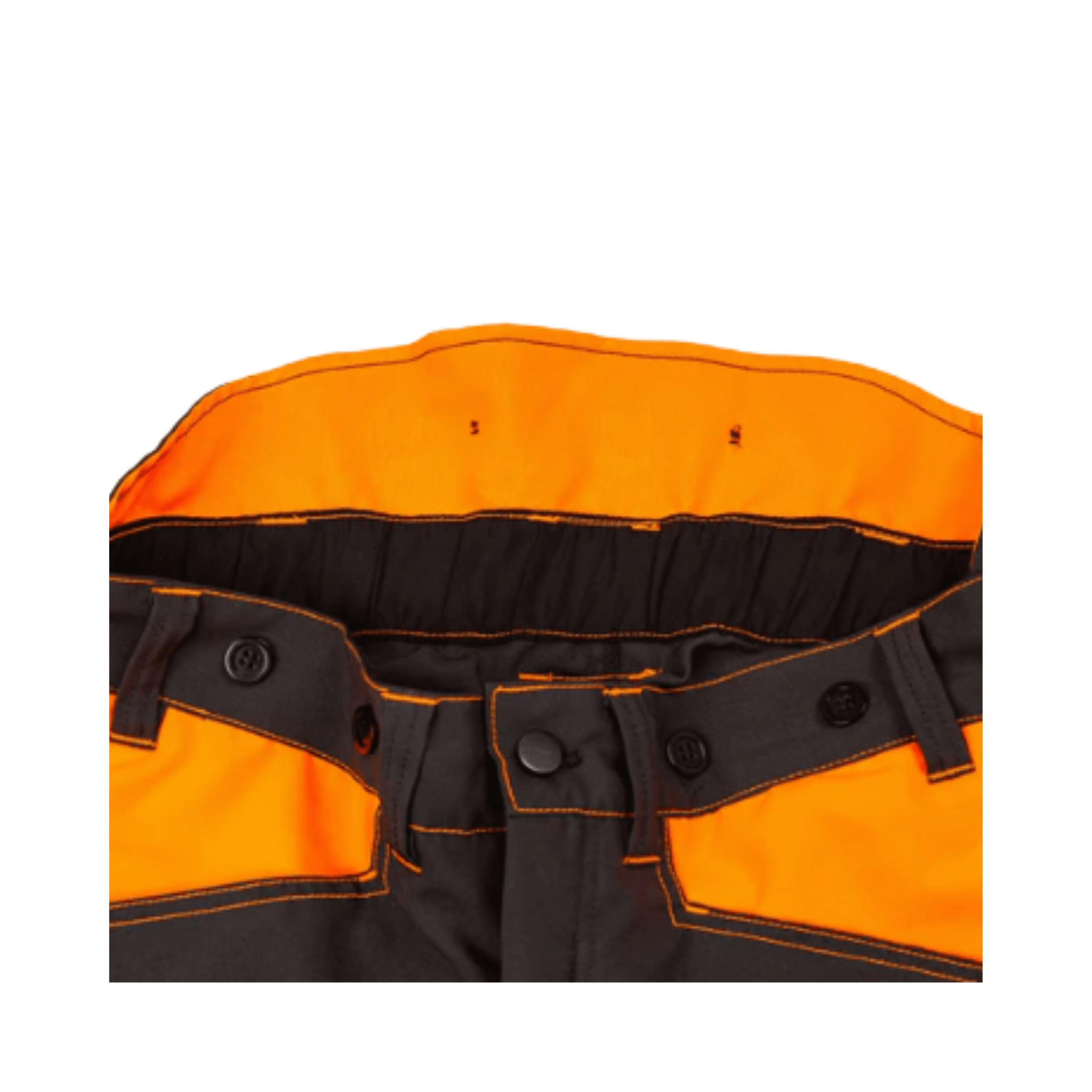 Essential Class 1 Type C Chainsaw Trousers waist detail, featuring safety orange design for maximum visibility.
