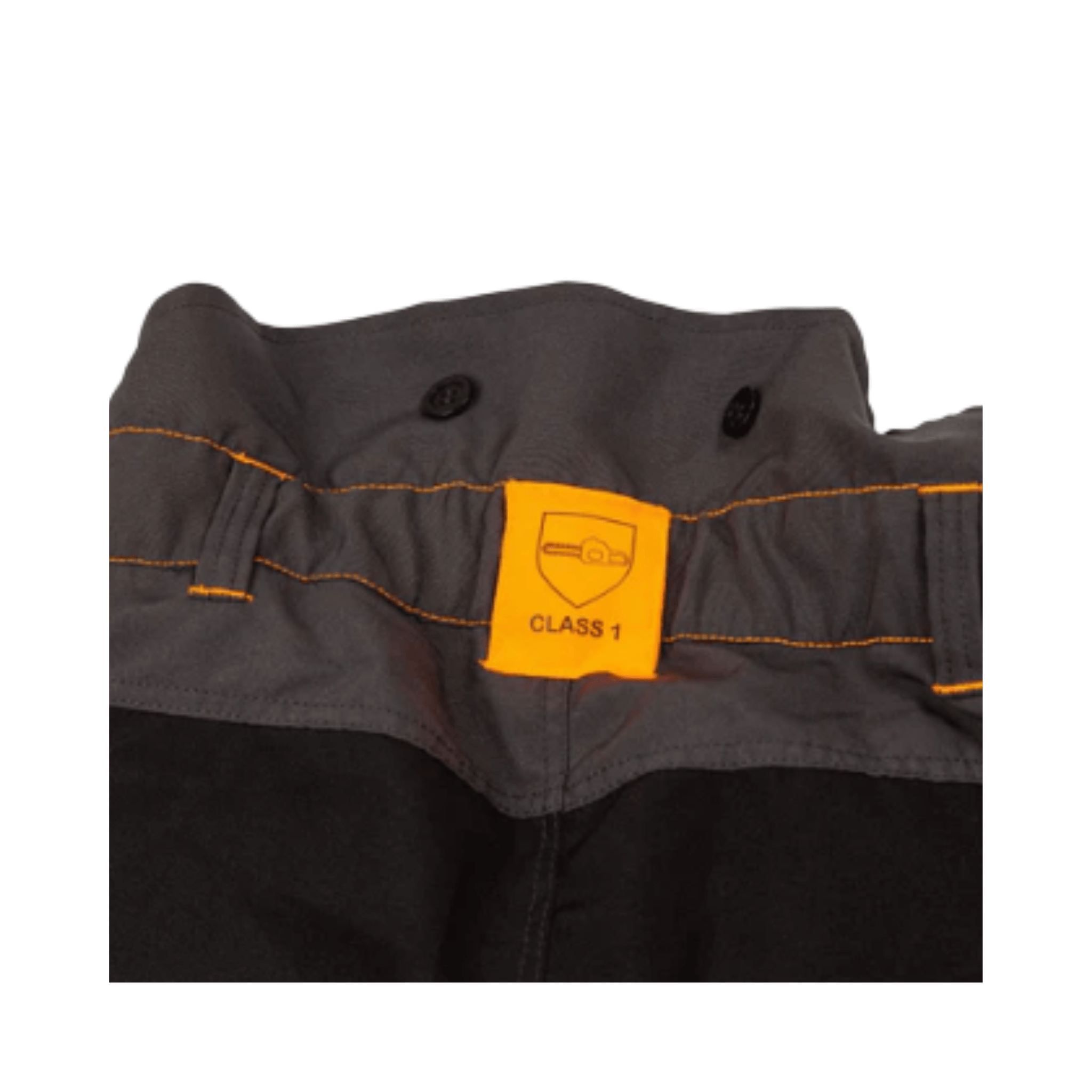 Essential Class 1 Type C Chainsaw Trousers waistband with CLASS 1 label for arborist safety equipment.
