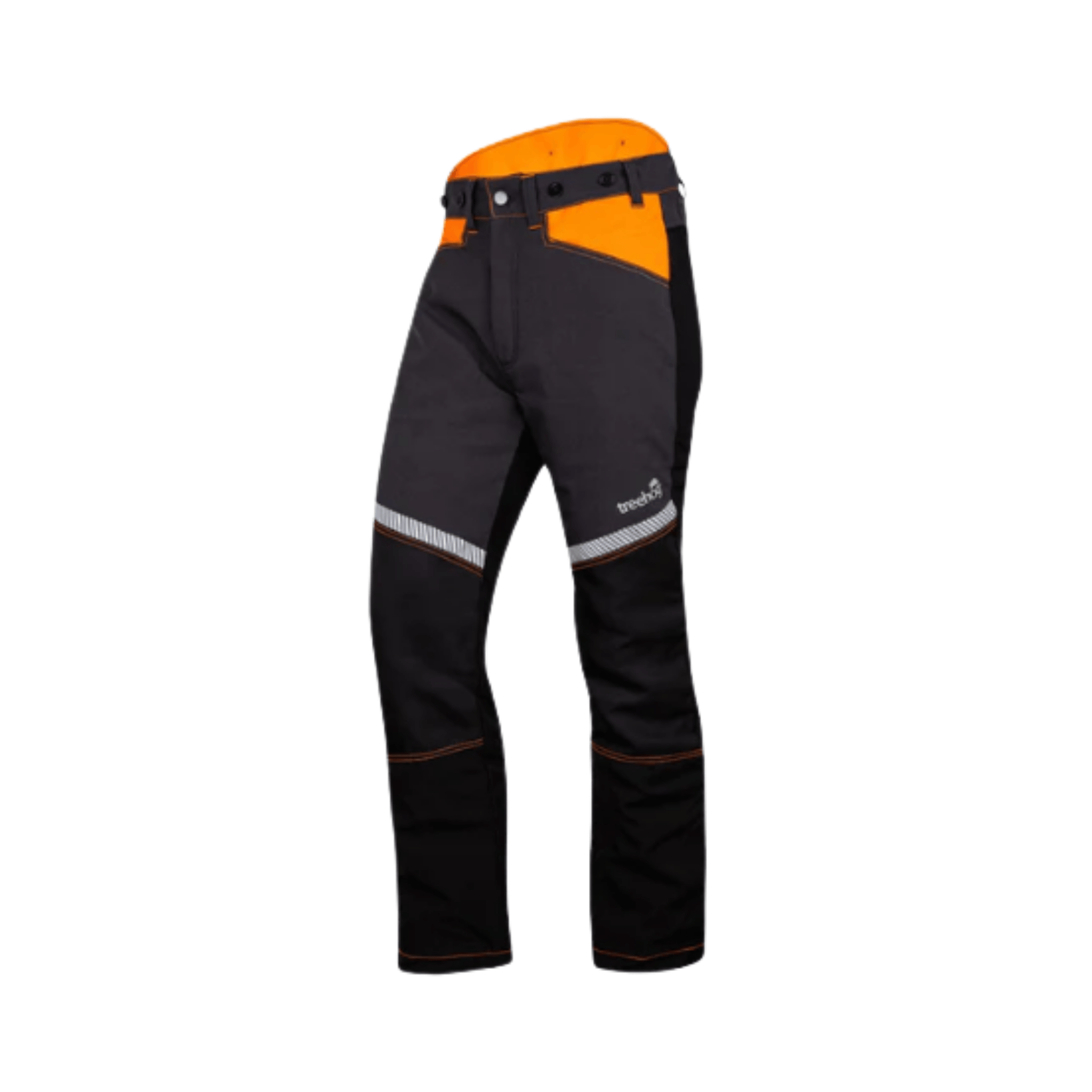 Essential Class 1 Type C Chainsaw Trousers in black with orange detailing, designed for safety in tree surgery.