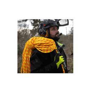 Climber wearing safety gear and carrying Nebula Yellow/Orange 11.8mm climbing rope, ideal for tree surgeons.