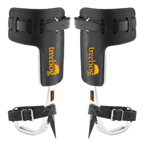 Tree climbing spikes made of lightweight aluminum, featuring soft leather leg pads for comfort, ideal for tree surgeons.