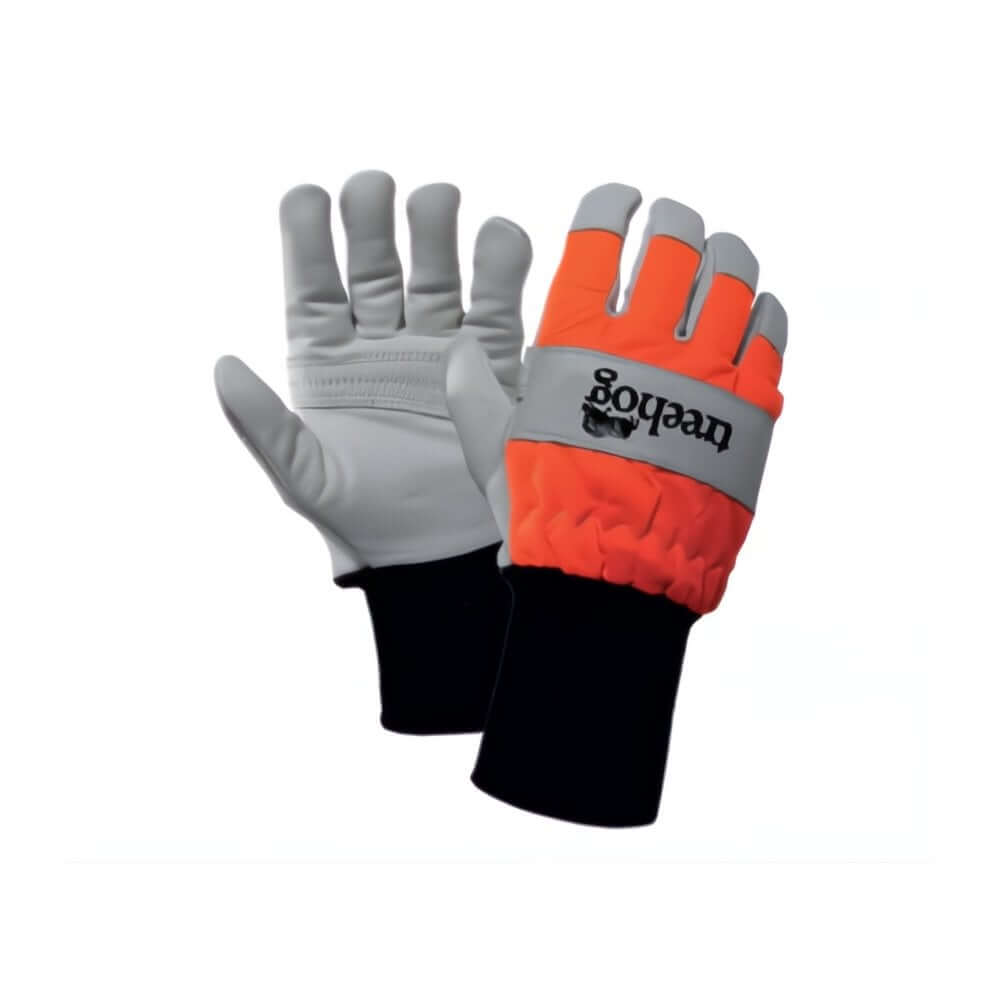 A pair of Treehog brand chainsaw work gloves with leather palm and fingers, and a breathable, water-resistant back.
