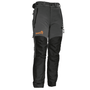 Trehog Type A chainsaw trousers. Durable, cut-resistant, dark grey with hi-vis orange details. Designed for safety during chainsaw work. Protective leg front