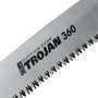 Trojan Handsaw straight replacement blade. Serrated edge for wood cutting. Silver metal, close-up view."