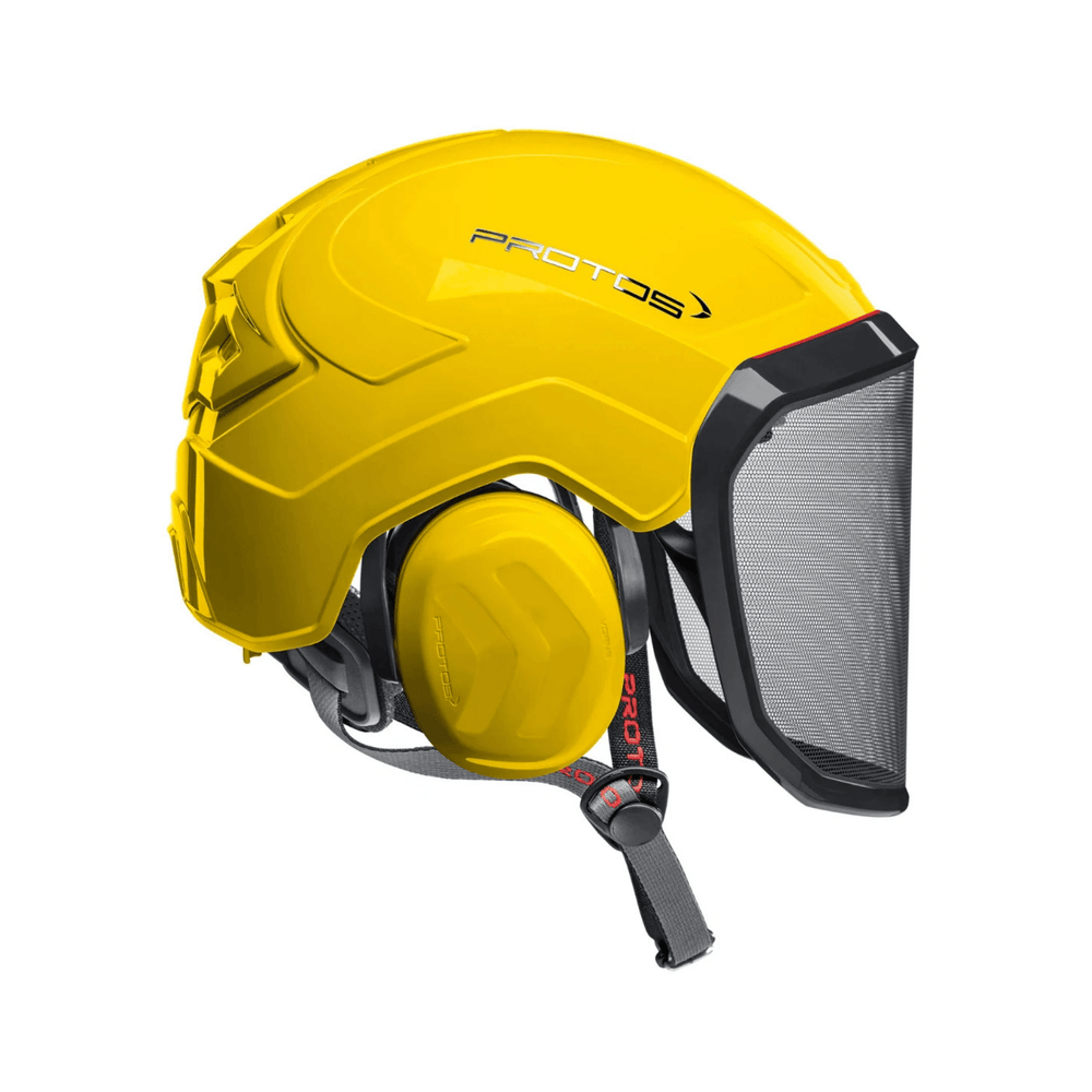 Integral Arborist Chainsaw Helmet in bright yellow with integrated hearing protection and visor for enhanced safety.