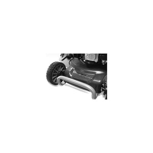 Weibang Virtue 46 SPP push petrol lawn mower close-up of handle and wheel, ideal for tree surgeons and homeowners.