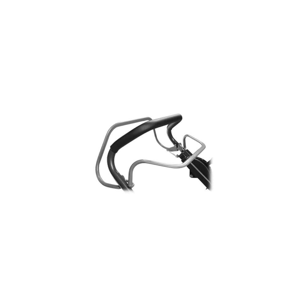 Close-up of the handle of the Virtue 46 SPP push petrol lawn mower, showcasing ergonomic design and sturdy construction.