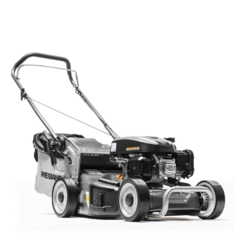 Weibang Virtue 46 SPP petrol lawn mower with steel cutter deck and push handle for neat lawns.