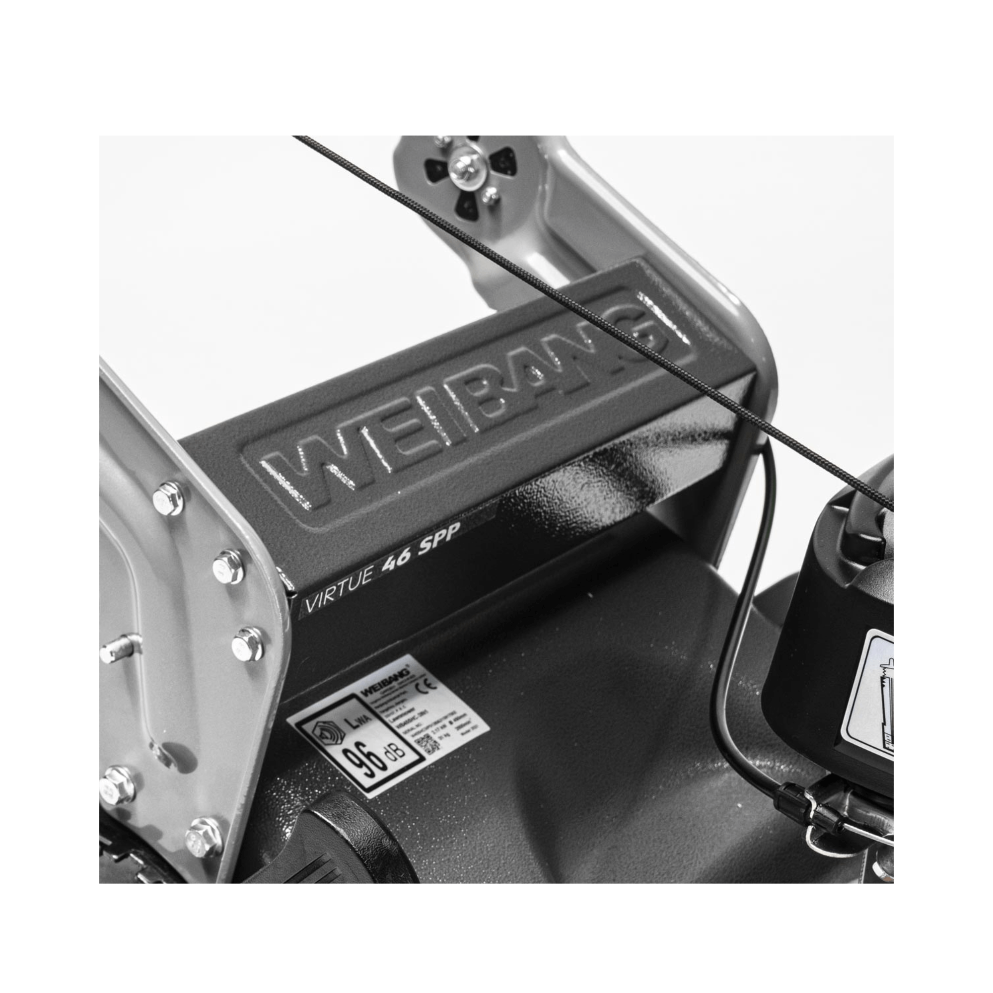 Weibang Virtue 46 SPP lawnmower close-up, showcasing durable construction for lawn care.