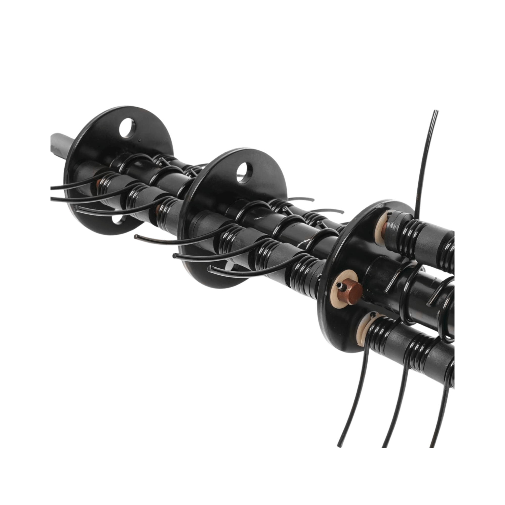 Close-up of a black lawn mower spool with wires, designed for optimal cutting performance in landscaping tasks.