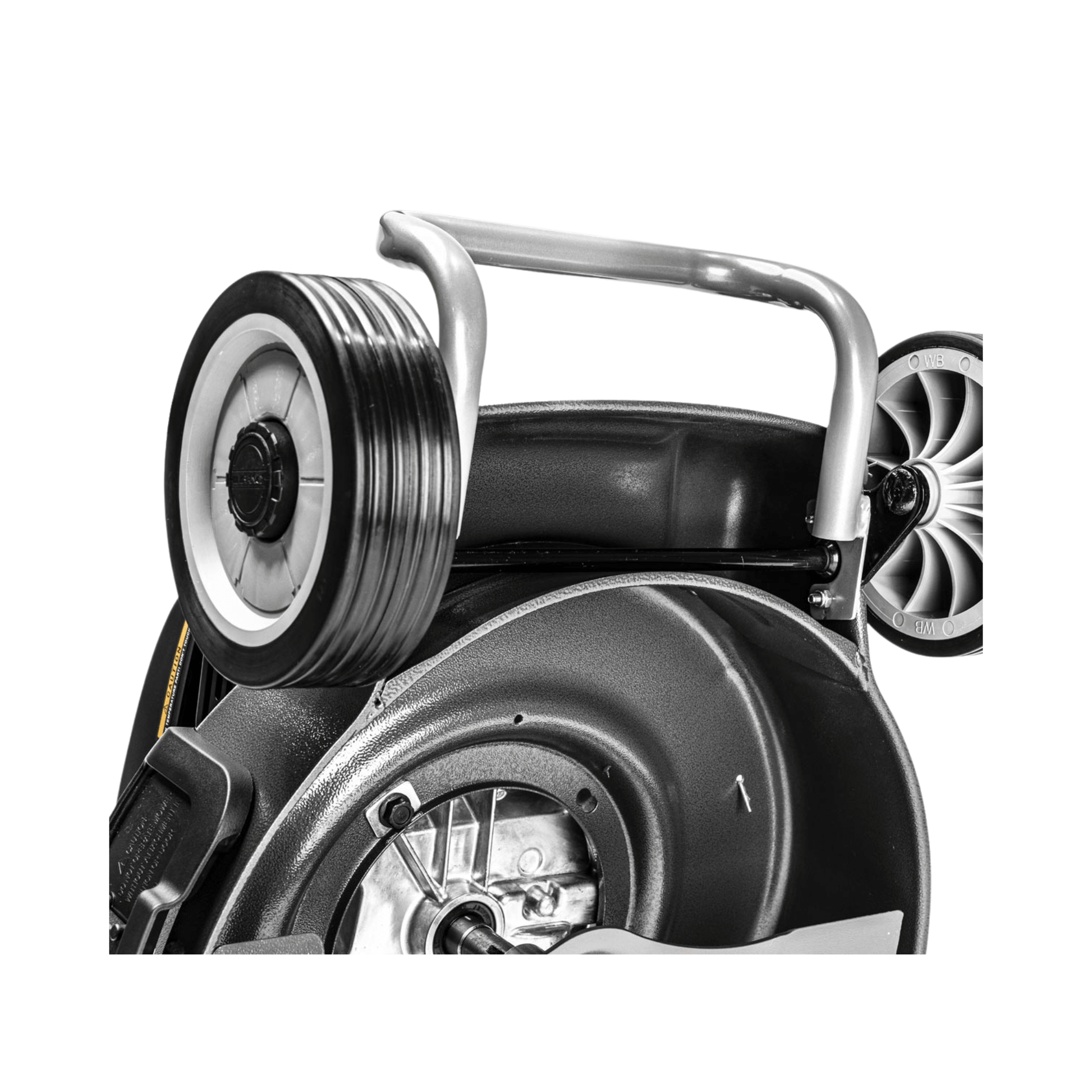 Close-up of the handle and wheel assembly of the Virtue 46 SVP variable speed petrol lawn mower.