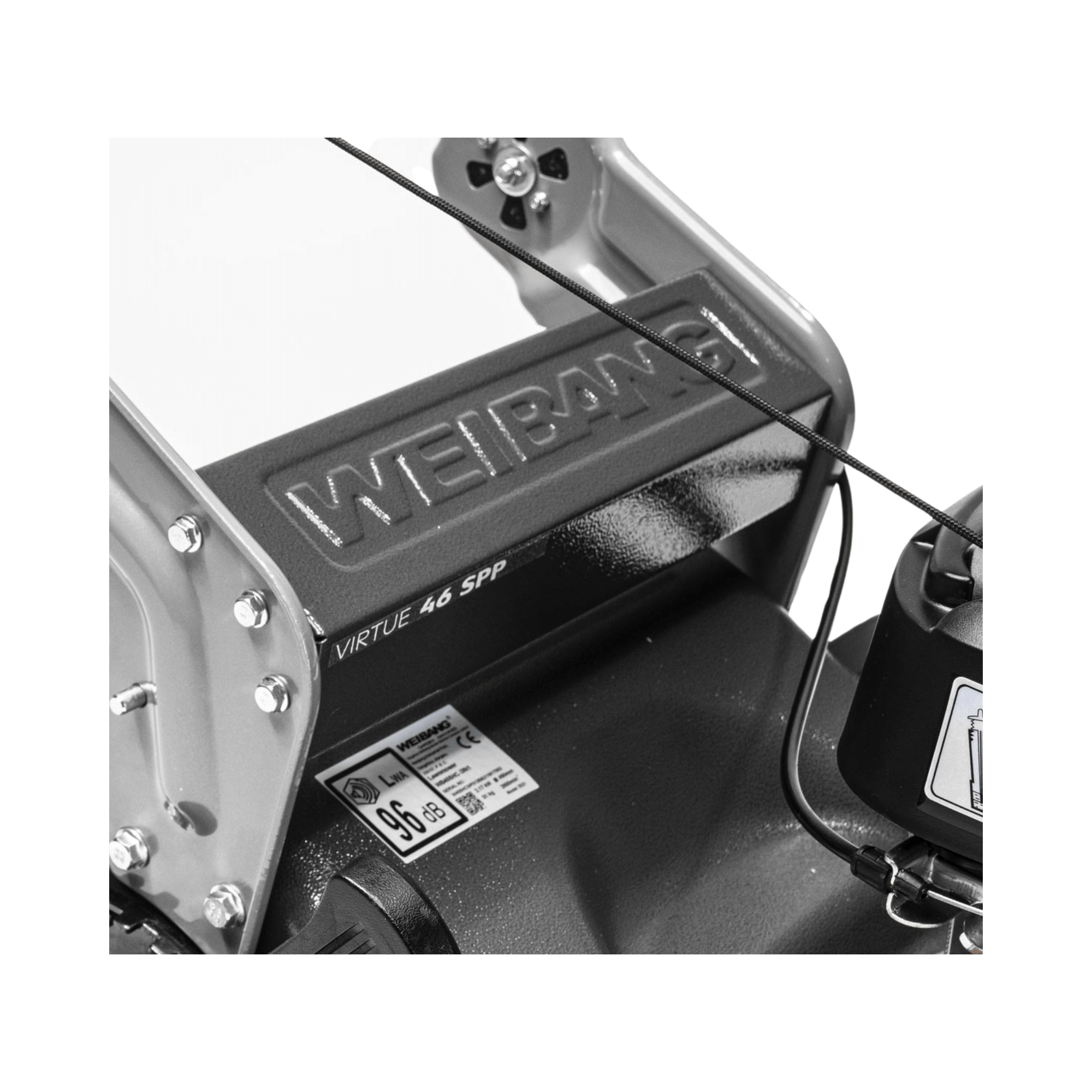 Close-up of the WEIBANG Virtue 46 SVP lawn mower, showcasing its robust brand logo and features.