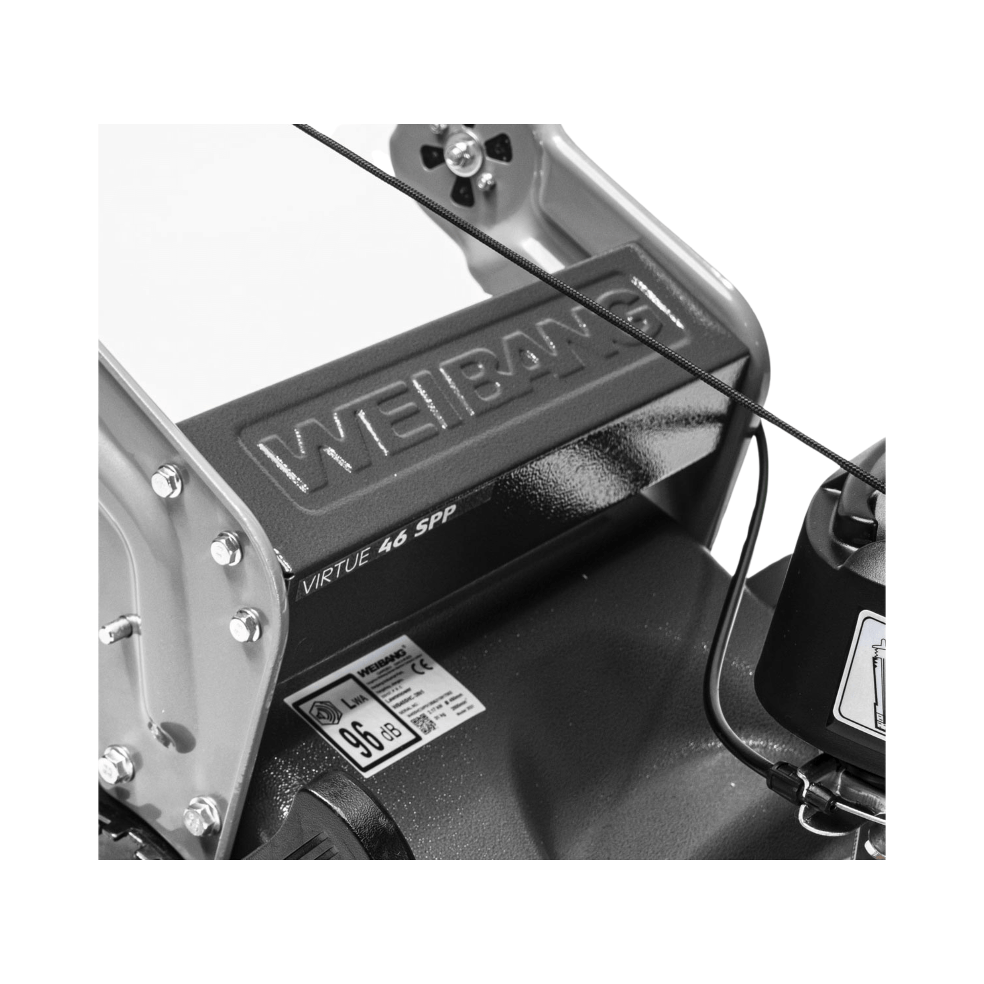 Close-up of the WEIBANG Virtue 46 SVP lawn mower, showcasing its robust brand logo and features.