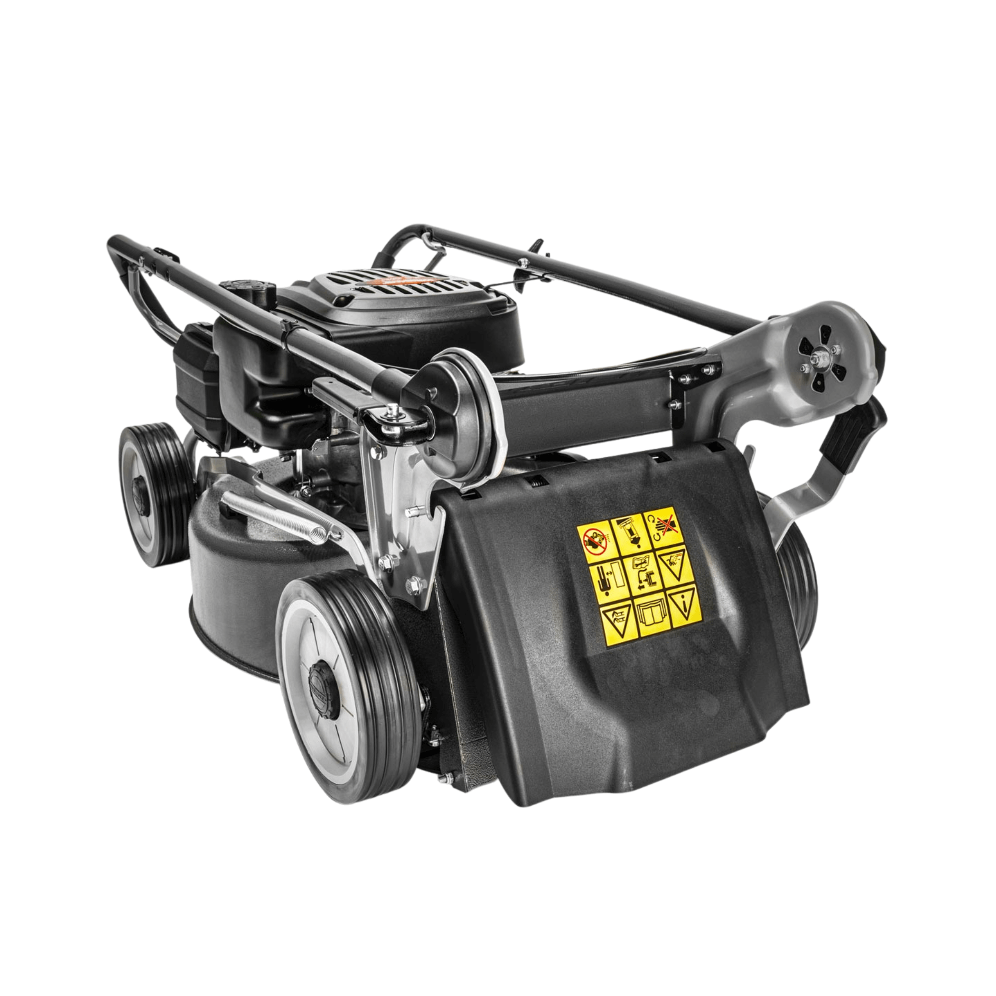 WEIBANG Virtue 46 SVP variable speed 4 in 1 petrol lawn mower with foldable design and warning labels.