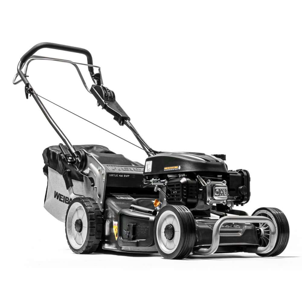 A black and gray Weibang Virtue 46 SVP variable speed petrol lawnmower with a steel deck and black handlebars.