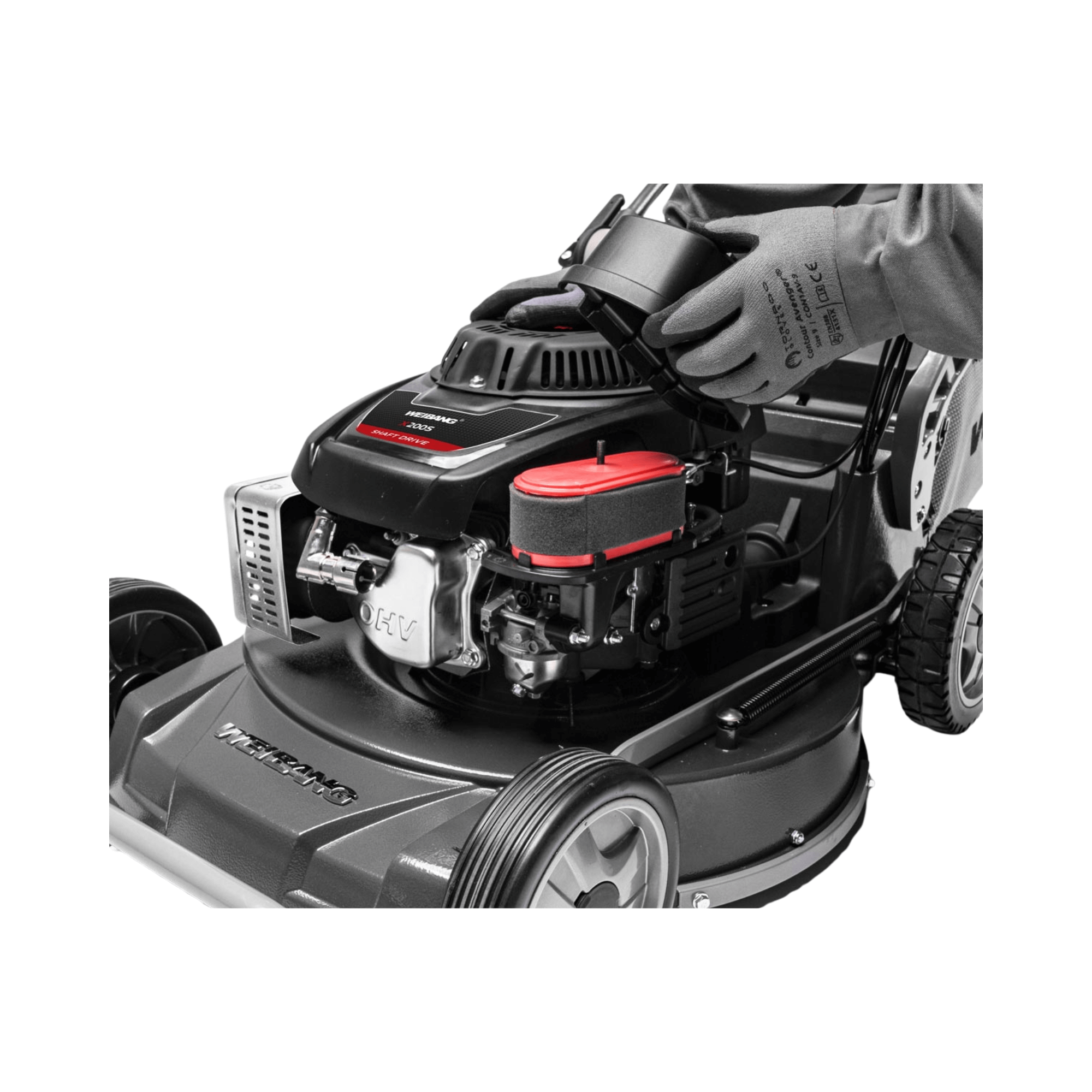 Person adjusting the Weibang engine of a lawn mower on a white background