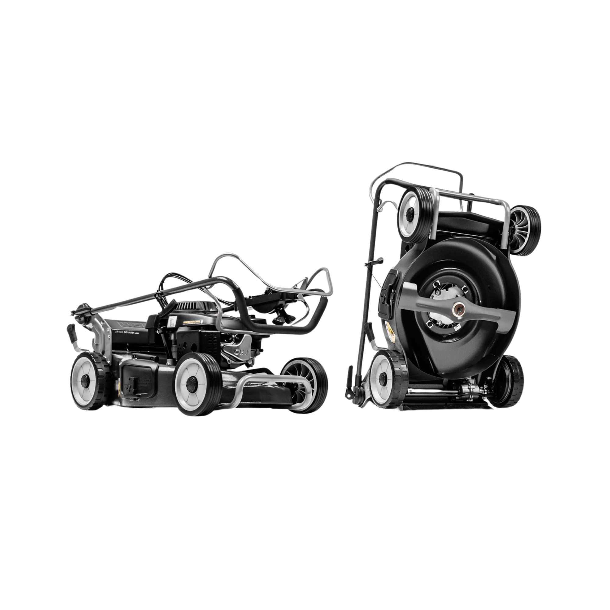 Two Weibang lawn mowers on a white background
