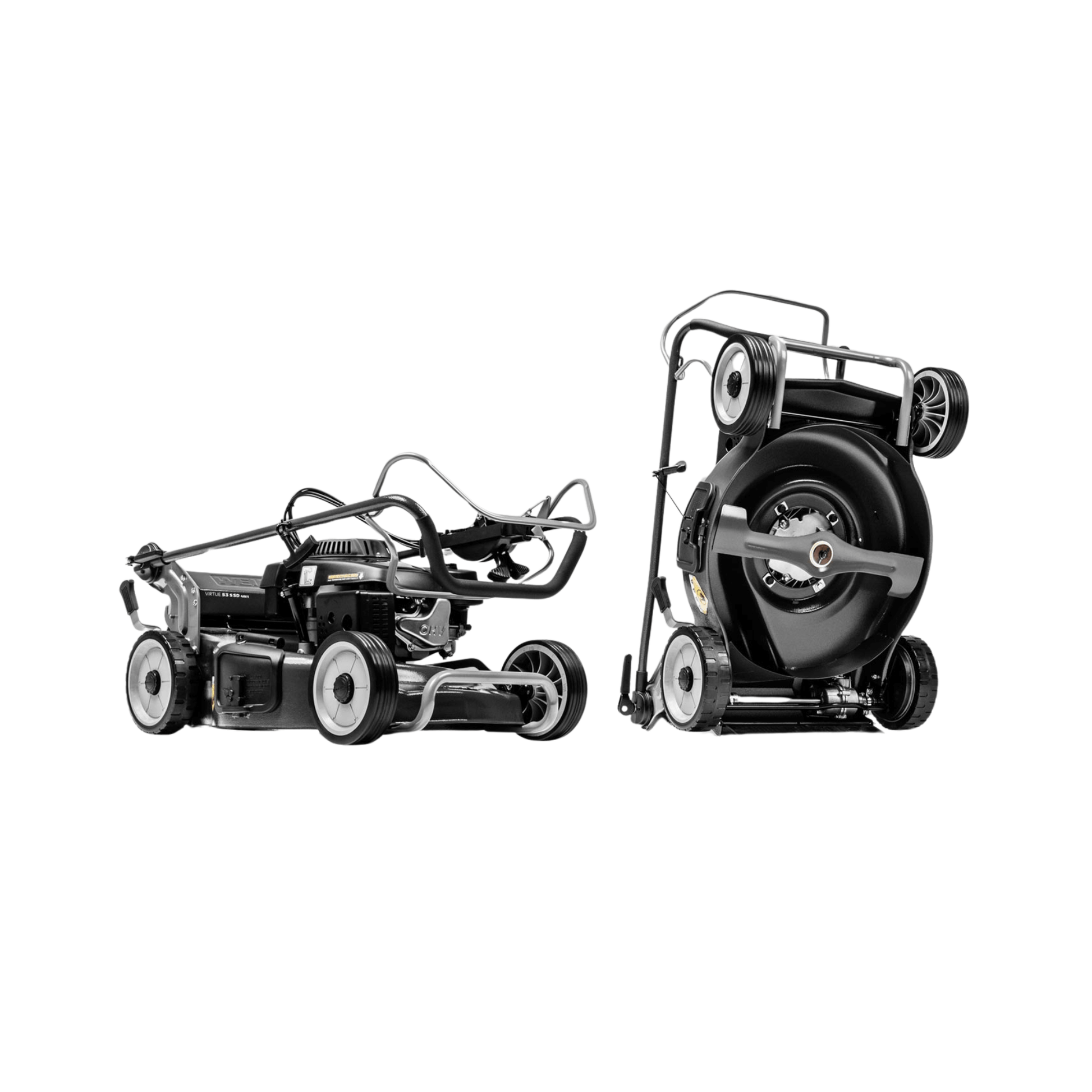 Two Weibang lawn mowers on a white background