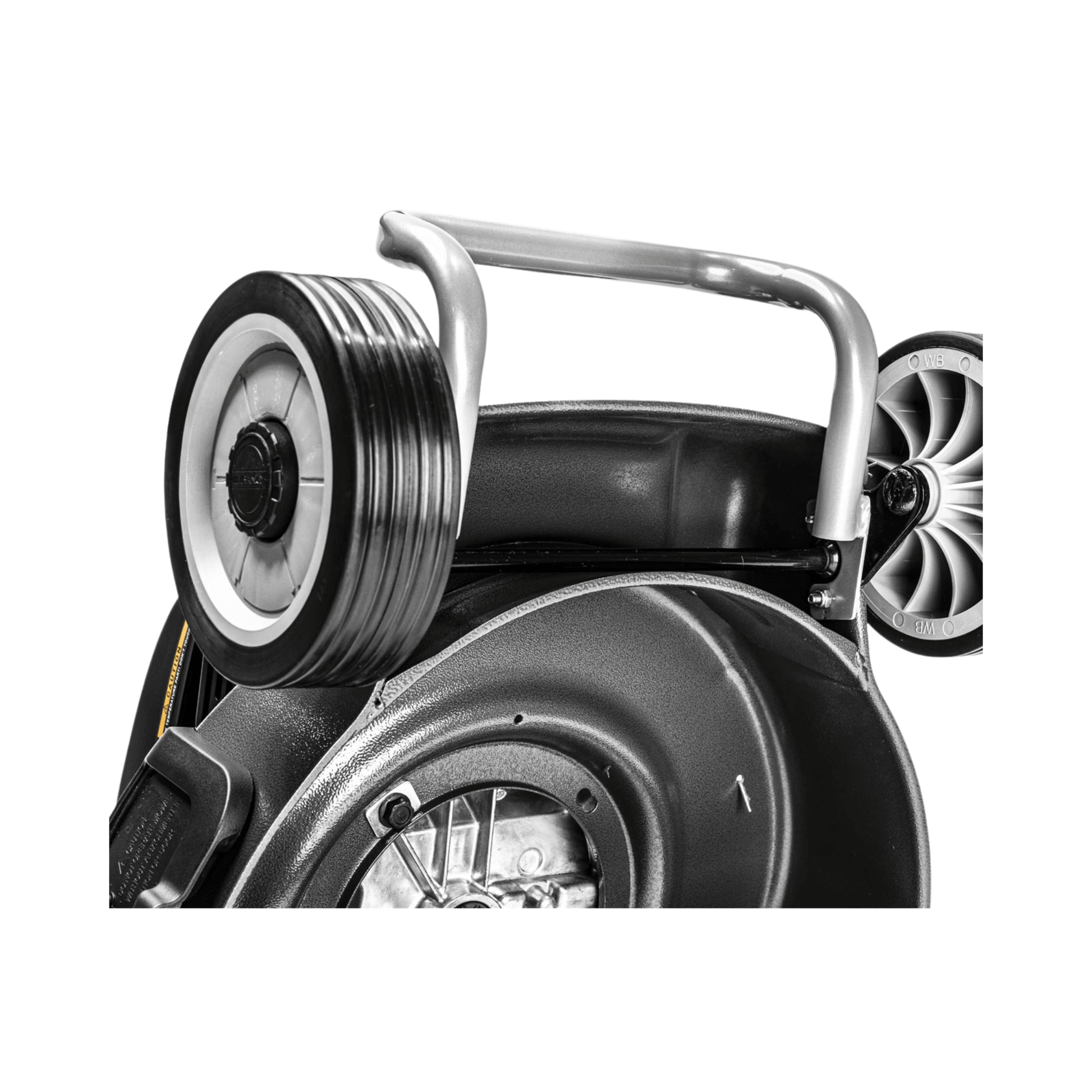 Close-up of the handle and wheel of the Weibang Virtue 50 SSD self-propelled petrol lawn mower.