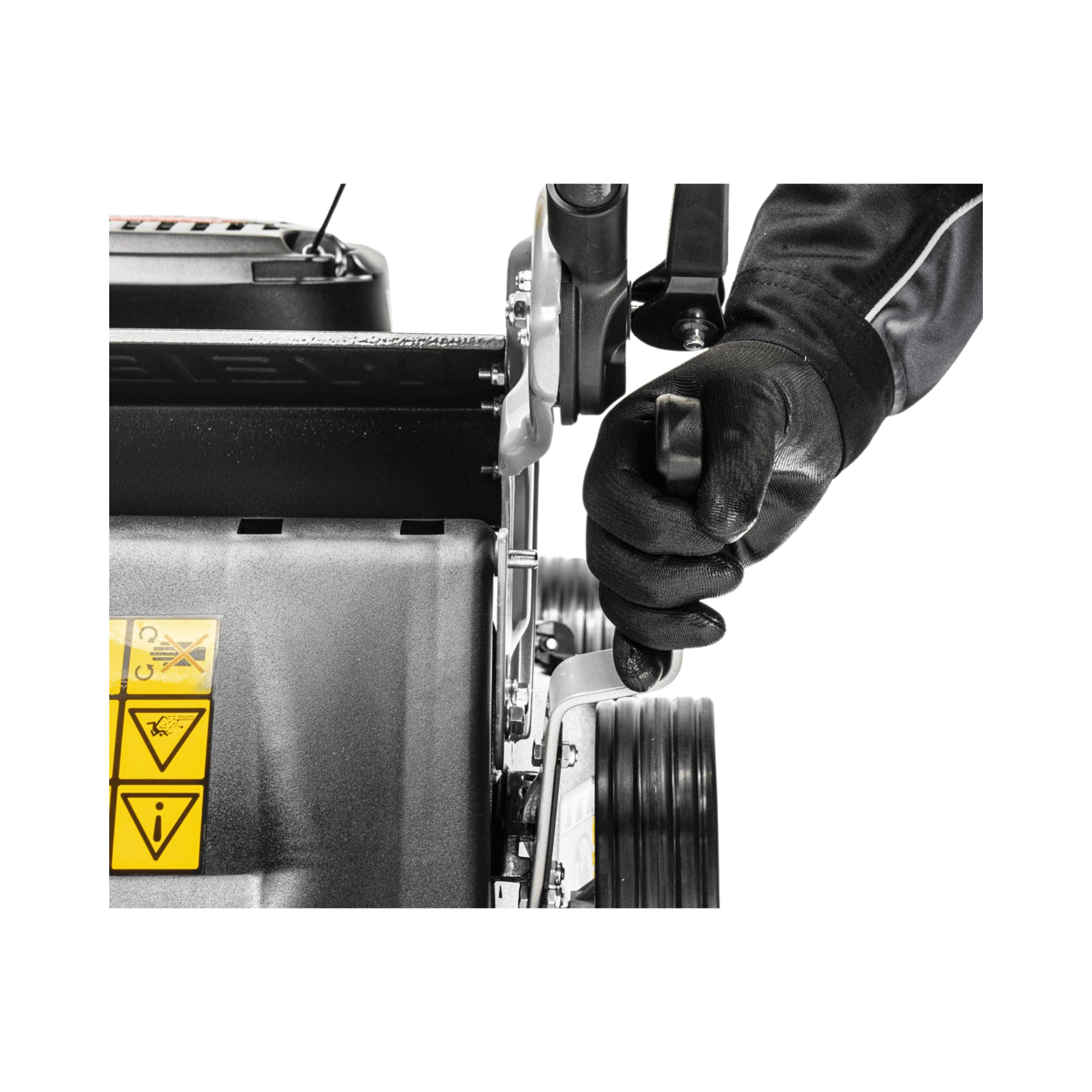 Close-up of a gloved hand adjusting the control lever on the Weibang Virtue 50 SSD lawnmower.