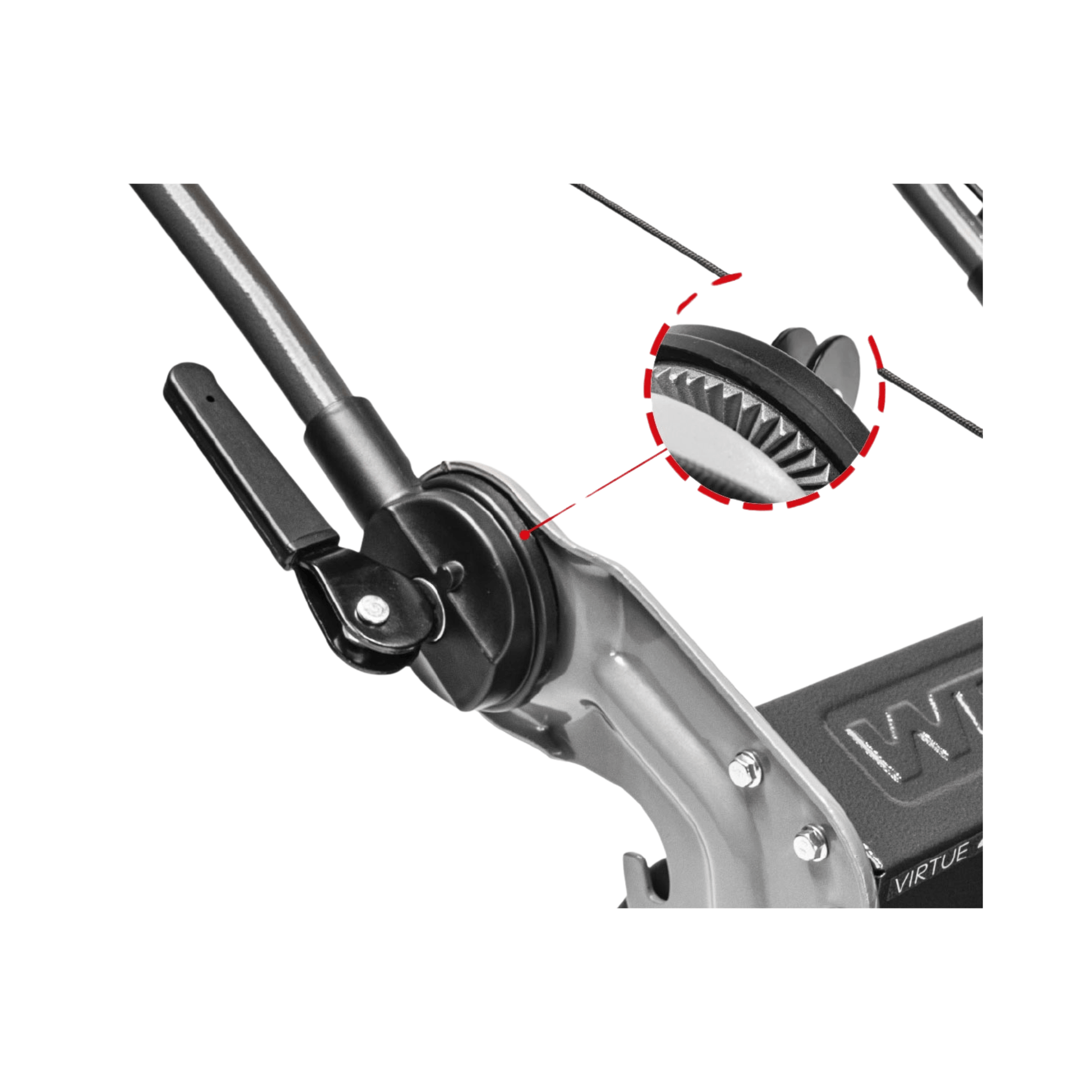 Close-up of the adjustment handle on the Weibang Virtue 50 SSD petrol lawn mower's shaft drive.
