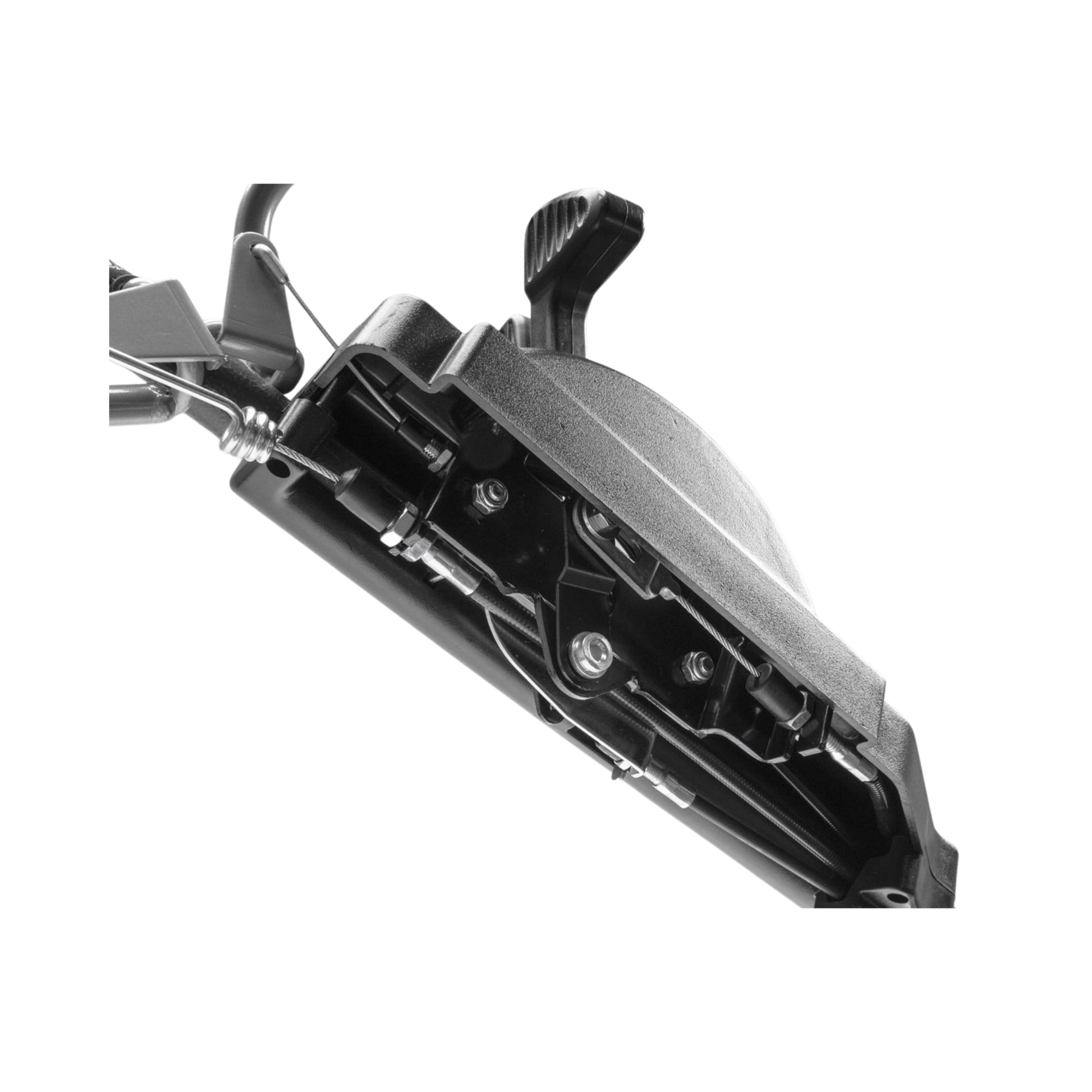 Underneath view of Weibang Virtue 50 SSD lawn mower showcasing the durable steel cutter deck construction.