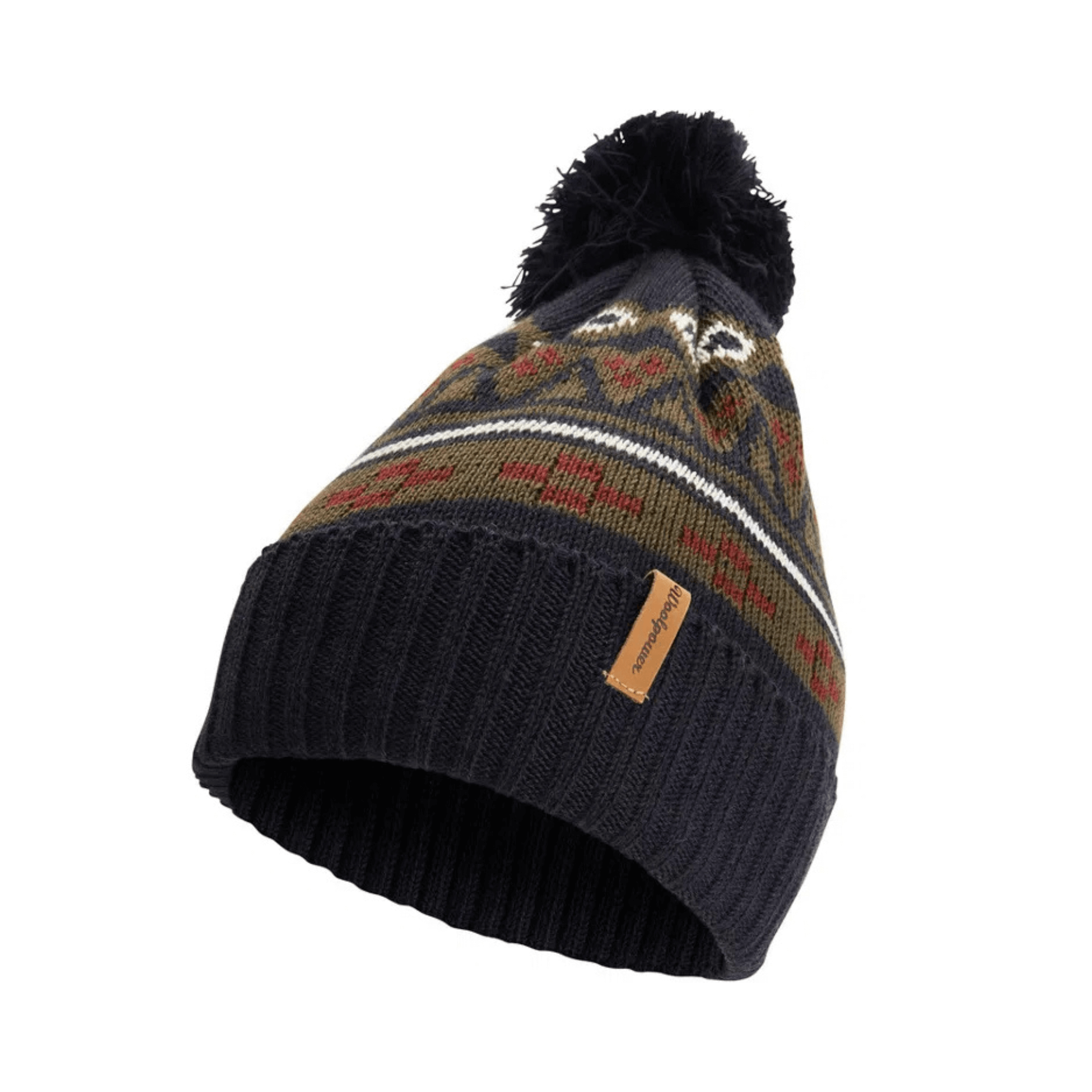 Beanie Jamtlann jacquard-knitted merino wool hat with pom-pom, perfect for cold UK outdoor activities.