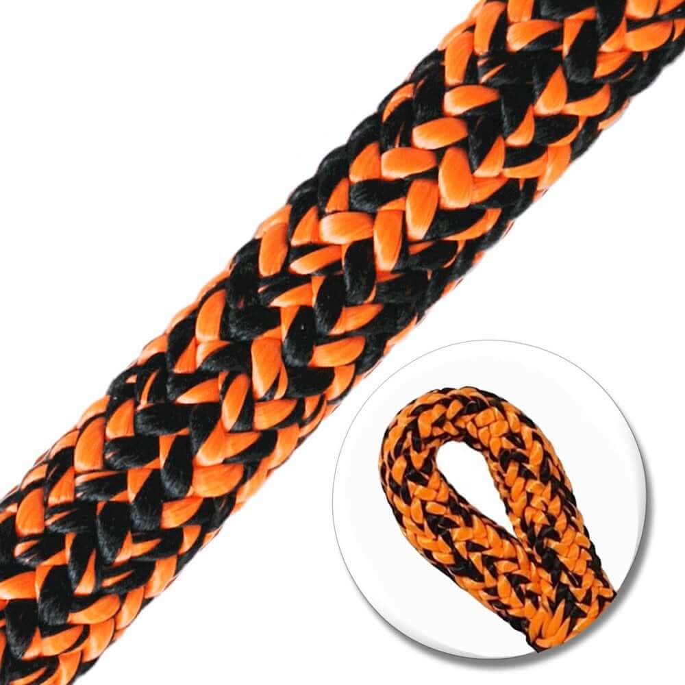 Close-up of the YALE Imori 5m Rope Lanyard showing the durable black and orange braided design for tree surgeon safety.