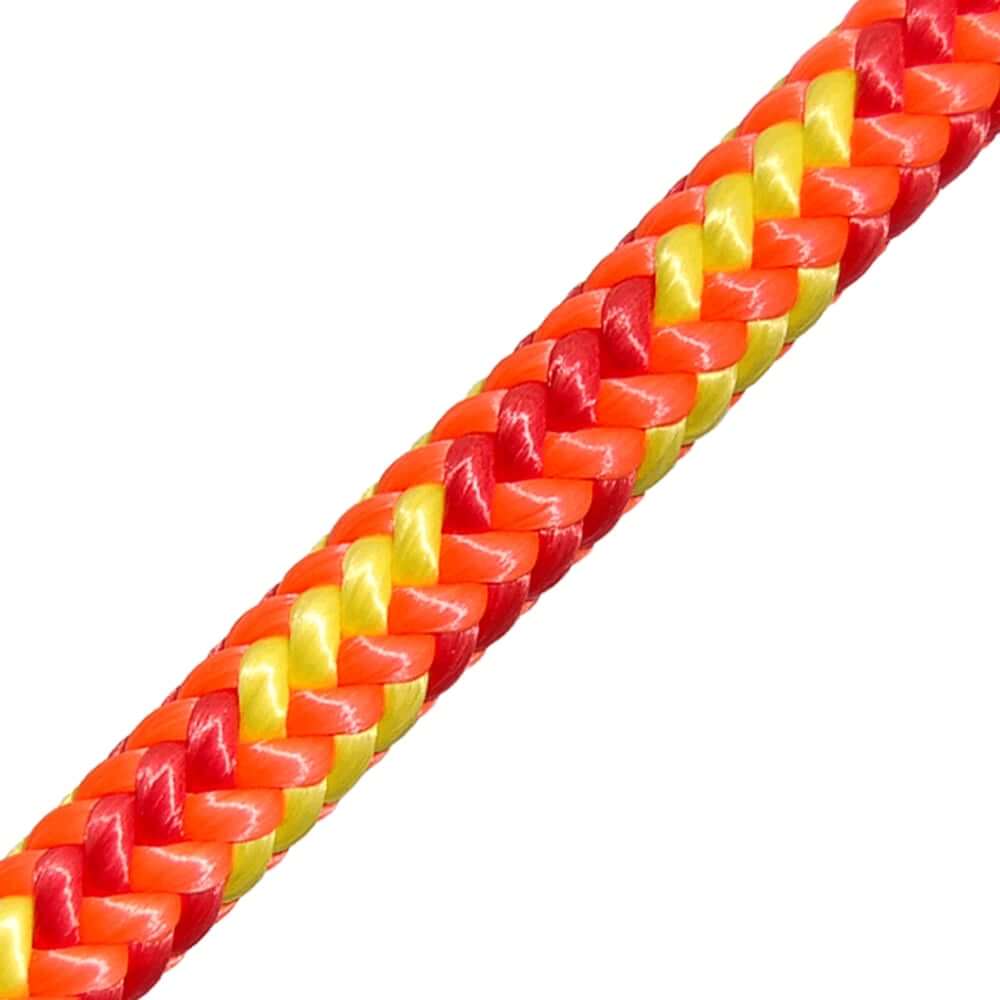 Close-up of Yale XTC Fire 12.6mm climbing rope showing its durable red and yellow braid, ideal for tree surgeons.