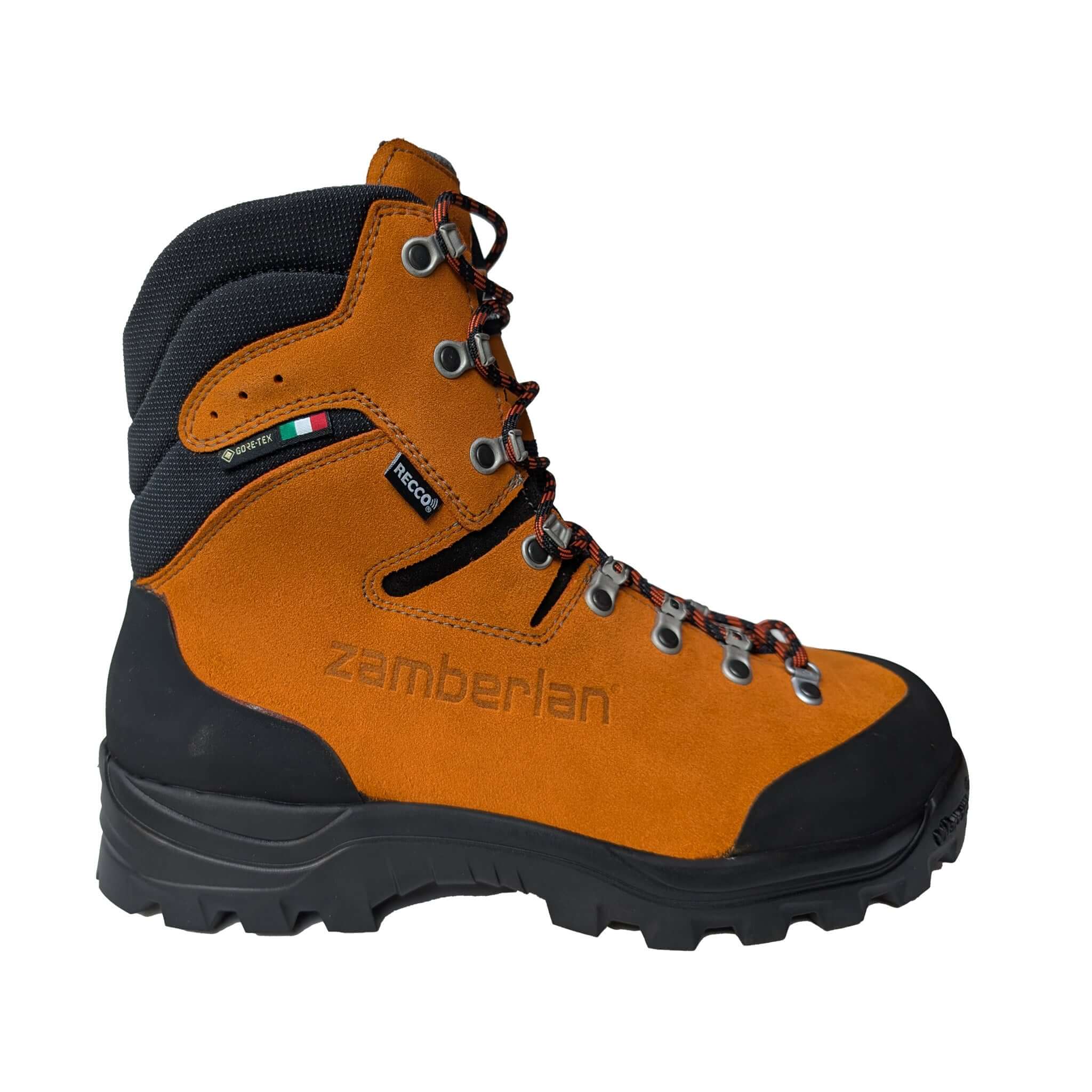 Zamberlan WALD GTX RR chainsaw boots in orange, designed for tree surgeons and forestry work with cut protection.