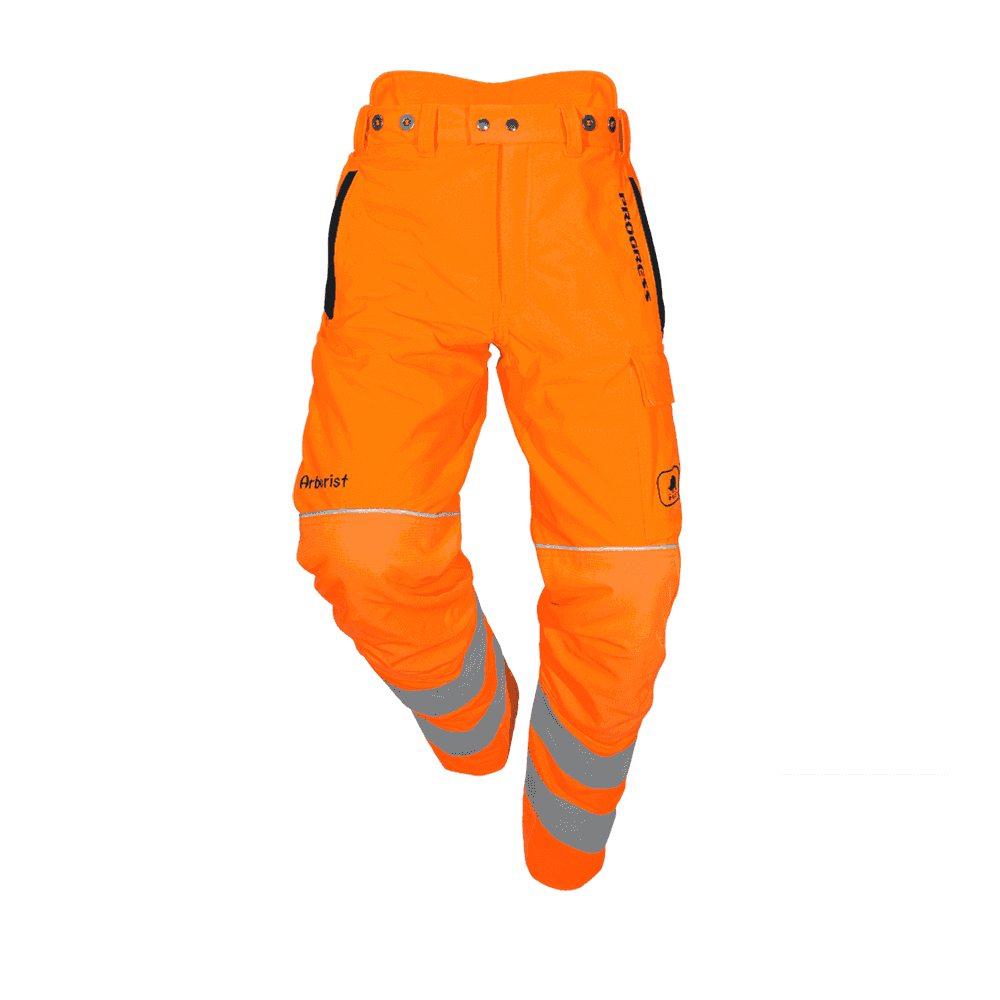 Hi-Visibility orange Arborist Rail Chainsaw Trousers with reflective strips for tree surgeons and railway workers.