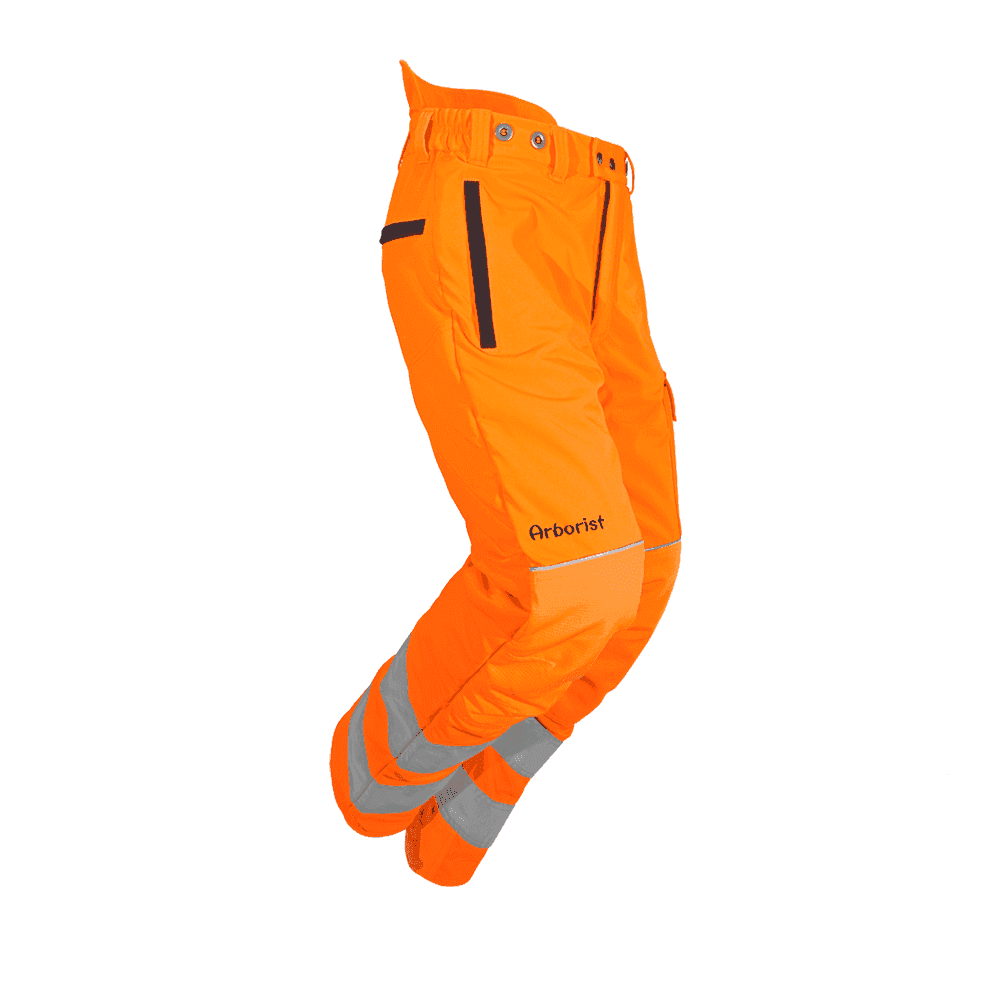 SIP Protection Arborist Rail Chainsaw Trousers in bright orange, safety trousers for tree surgeons and railway workers.
